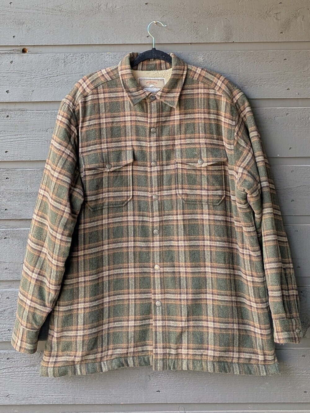 Eddie Bauer Outdoor Outfitter Plaid Wool Fleece Lined Shacket Large Green Tan